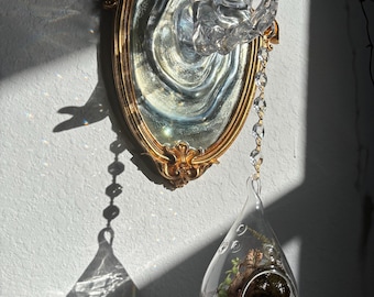 Vintage Gold Mirror Illusion Wall Art with Glass Hand & Hanging Terrarium, Resin Wave Sculpture, Plant Mom Decor, Handmade Botanical WallArt