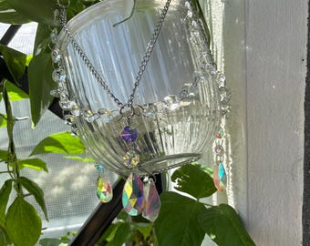 Crystal Suncatcher Plant Hanger – Glam retro vintage Crystal hanging Plant Holder | Silver chain rainbow Decor | Garden Gift Idea