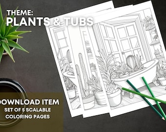 Houseplant Coloring Pages for Adults: "Crazy Plant Lady & Tubs" Set 5 of 5, Printable PDF with 5 Pages, Boho Design, Digital Coloring Book