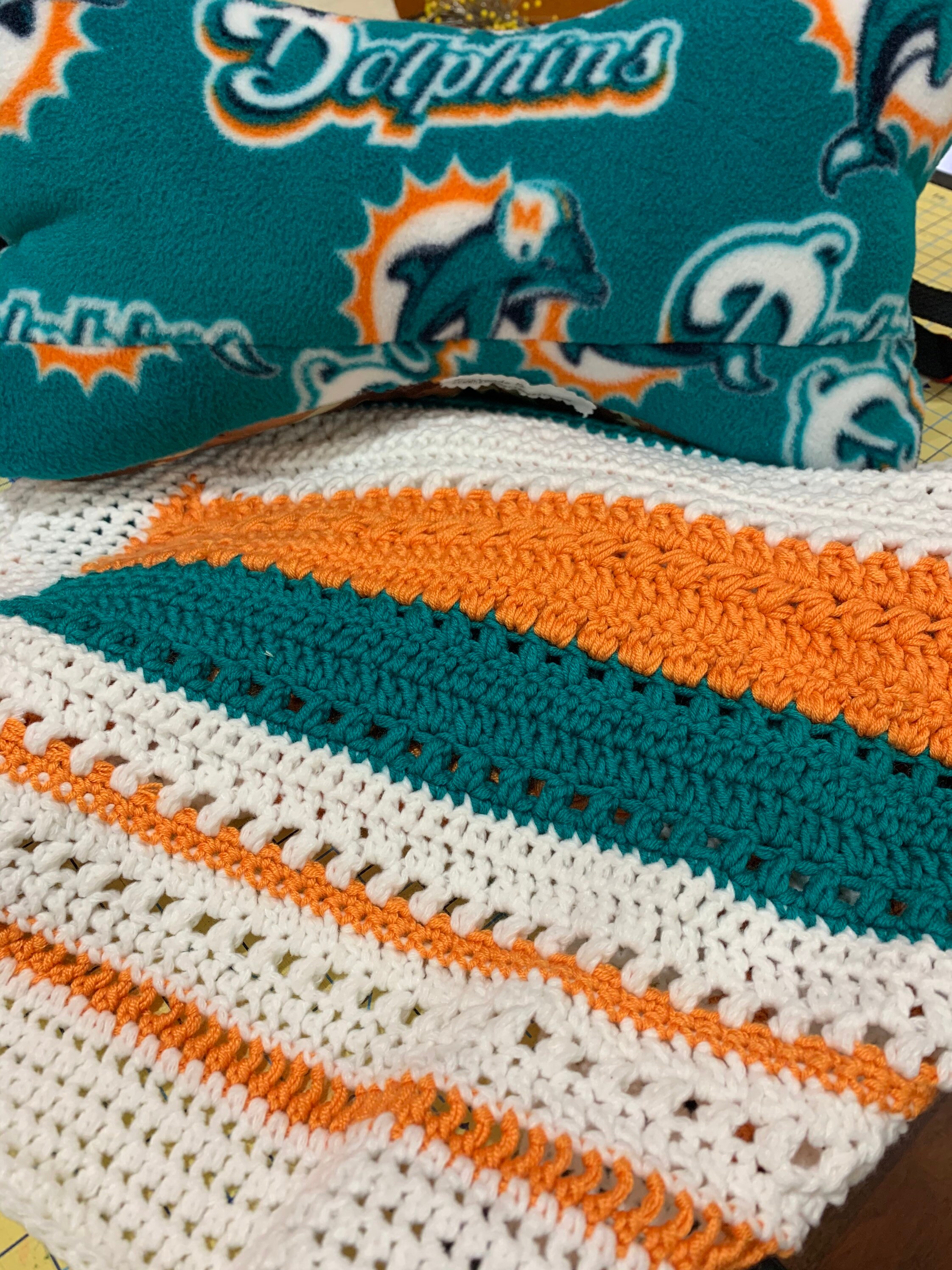 Miami Dolphins pillow and crochet baby blanket Etsy