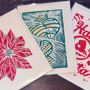 Tarjetas navideñas impresas a mano en linóleo: paquete de 3