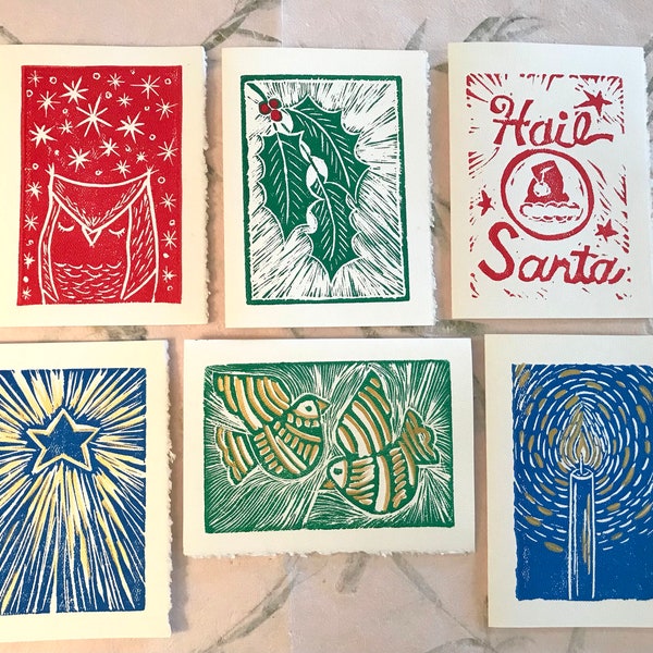 Handmade Linoleum Block Printed Holiday Cards, 6 Pack