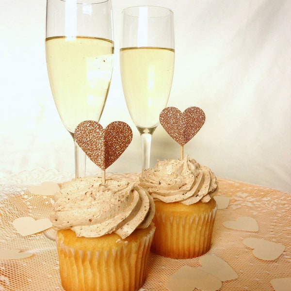 Gold Glitter Heart Cupcake Topper Wedding, Valentine's Day, Birthday (1 dozen)