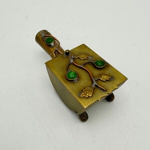 Vintage Chinoiserie Embellished Brass Silent Butler Ashtray - Mixed Metal with Inlaid Stones