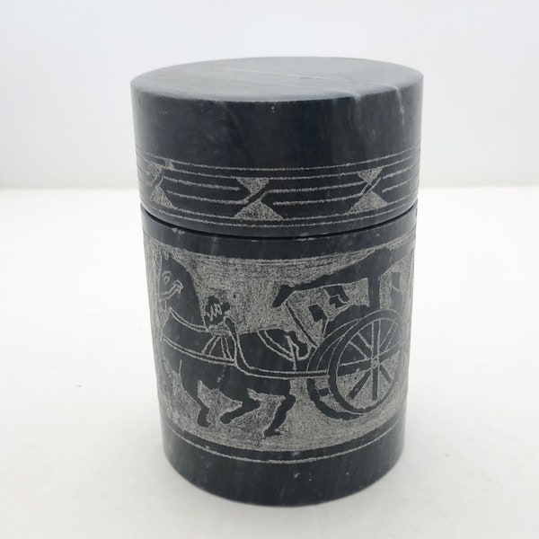 Vintage Cigarette Holder Marble Etched Egyptian Roman Horse & Chariot Trinket Holder