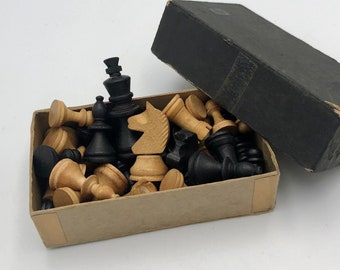 Vintage Mini Chess Pieces Full Set of 32 Blond and Dark Wood 2-1/8" Tall King Staunton Style