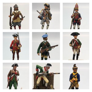 May include: Nine miniature figurines of historical soldiers, each in detailed uniforms. The figures are in various poses, holding rifles and swords. The color palette includes reds, greens, blues, and browns, with intricate detailing on the clothing and accessories.
