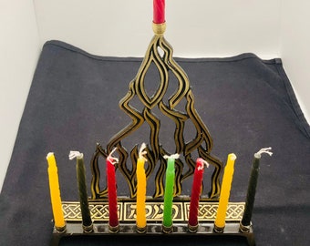 Vintage Brass Menorah 9 Candle Hanukkah Burning Flame Design Made in Israel Judaica Mid Century Includes Box of Candles