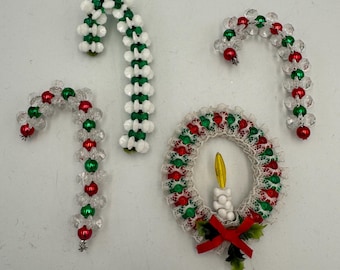 Vintage Set of 4 Beaded Christmas Ornaments - Candy Cane Candle Wreath Handmade Retro Holiday Decor
