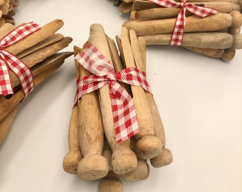 Vintage Bundle of 10 Wooden Peg Clothespins Round Tops Tied with Ribbon Rustic Primitive Bowl Filler Decor