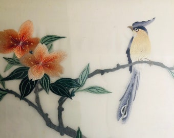 Vintage Hand Embroidered Silk Wall Hanging Asian Bird Peach Flowers