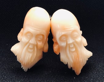 RARE - Vintage Angel Skin Coral Japanese God Fukurokuju Hand Carved Cuff Links God of Wealth, Happiness & Longevity