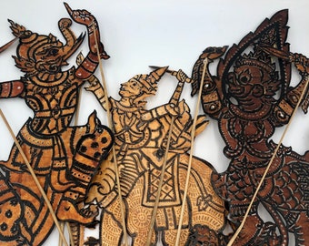 Vintage Choice of Javanese Indonesian Shadow Puppet Wayang Kulit Leather and Wooden Sticks Puppet Theatre