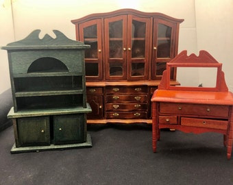 Vintage Set of 3 Mini Furniture Wooden Sideboard Buffet China Cabinet Dresser Vanity Working Drawers and Doors Dollhouse Diorama 1:12 scale
