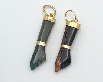 Vintage Choice of Figa Fist Hand Pendant Good Luck Charm Amulet Carved Natural Stone Agate and Gold Bands