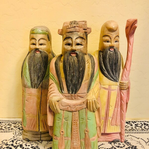 Vintage antieke 3 onsterfelijken handgesneden houten beelden Fuk Luk Sau handgeschilderde pastels Chinese goden wijze mannen geleerden Feng Shui