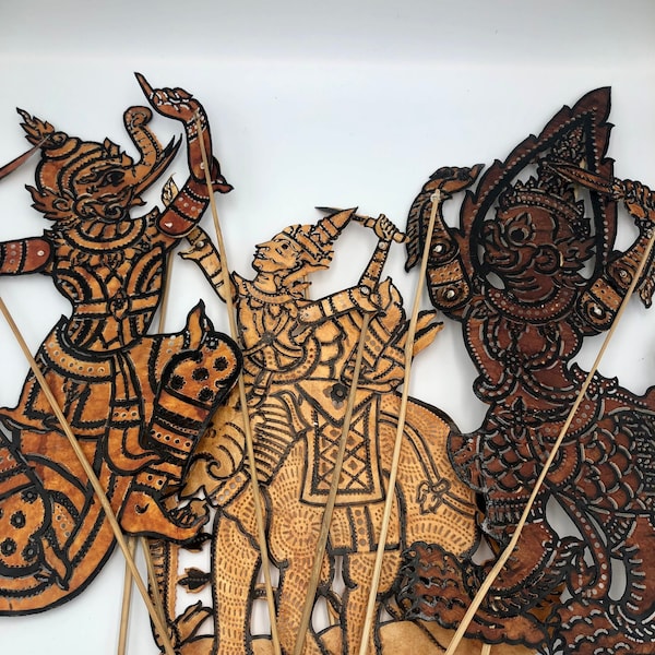 Vintage Choice of Javanese Indonesian Shadow Puppet Wayang Kulit Leather and Wooden Sticks Puppet Theatre