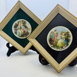 Vintage Set of Victorian Art Prints M Langbroek Green and Plum Mats Gold Square Frames