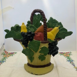 Vintage Cast Iron Doorstop Bookend Fruit Basket Hand Painted 3 Pounds