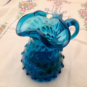 Vintage Empoli Italian Art Glass Blue Hobnail Small Pitcher Fluted Rim Seed Pod Body 1950s