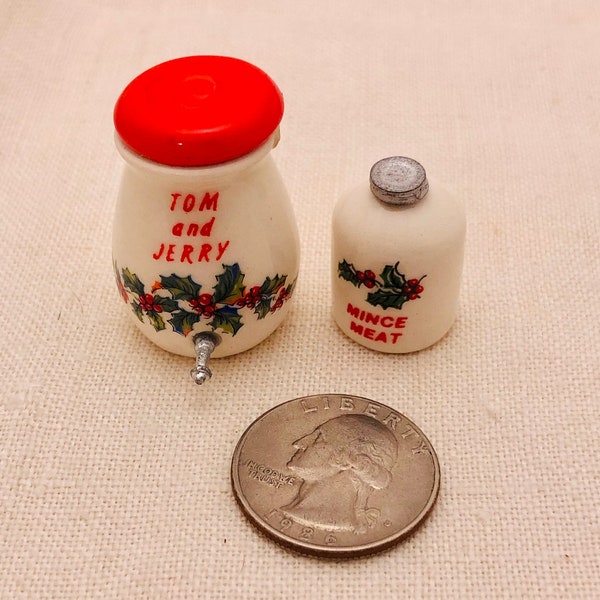Vintage Set of Holly & Berries Dollhouse Miniatures Tom and Jerry Drink Dispenser and Mince Meat Jar Festive Christmas Holidays