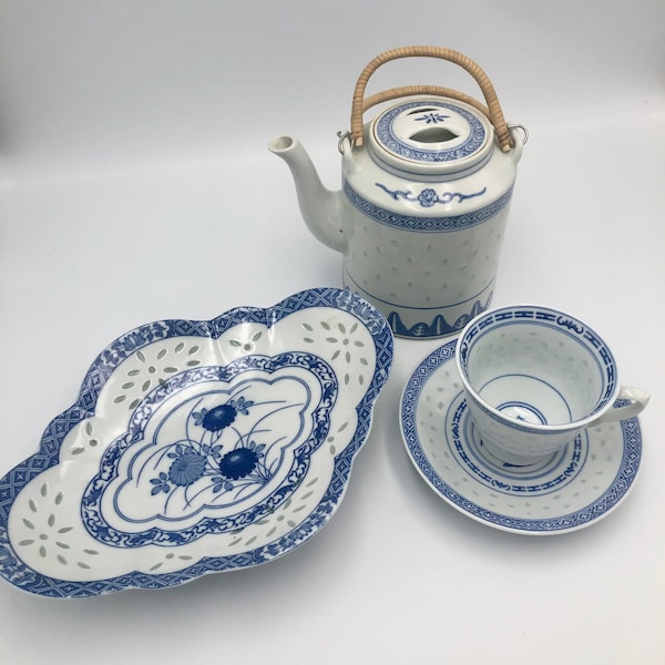 Vintage Choice of Rice Grain Porcelain Tea Cup & Saucer Serving Dish or Tea Pot Blue and White Chrysanthemum