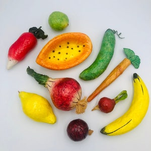 Vintage Paper Mache Fruit & Vegetable Set Hand Made 10 Pieces Bright Colors