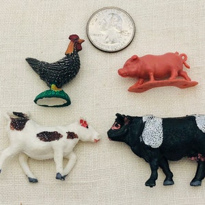 Vintage Set of Miniature Farm Animals Plastic Livestock Cow Bull Pig Rooster Dollhouse Fairy Garden (Set of 4)