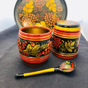 Vintage Set of Khokhloma Lacquer Hand Painted Serving Set Russian Plate Bowl with Spoon and Covered Jar