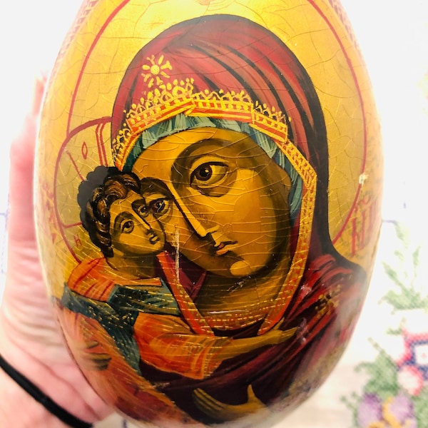 Vintage Large Russian Lacquerware Egg Madonna and Child with Orthodox Church Fedoskino Style Hand Painted Signed by Artist 1992