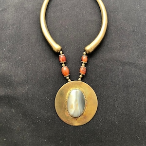 Vintage Brass with Agate & Carnelian Bib Necklace Breastplate Boho Primitive Tribal Ethnic