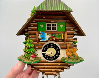 Vintage Small Wooden Cuckoo Clock - Chalet Style with Swinging Girl - J. Engstler Made in West Germany