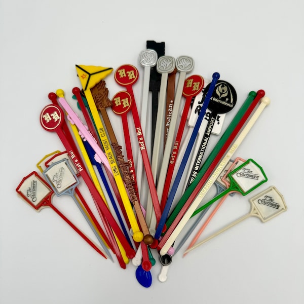 Vintage Lot of 33 Cocktail Swizzle Sticks and Sandwich Picks - Highball Mixers Retro Barware - The Gartmorn, Jolly Roger, Top of the Mark