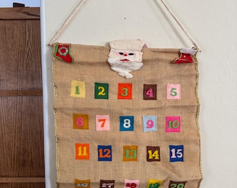 Vintage 1960s 70s Burlap Advent Calendar Felt Pocket Christmas Countdown Handmade Santa Holiday Wall Hanging