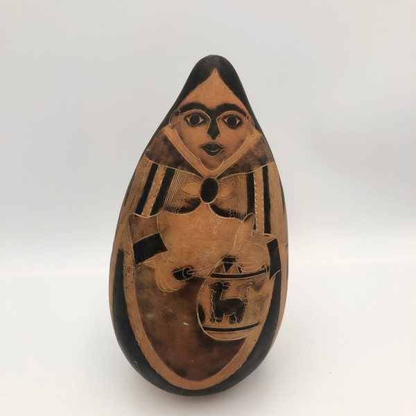 Vintage 8" Etched Gourd - Self Portrait? - Hand Carved Hand Painted Signed by Artist Made in Peru by Cesar Aquino Veli