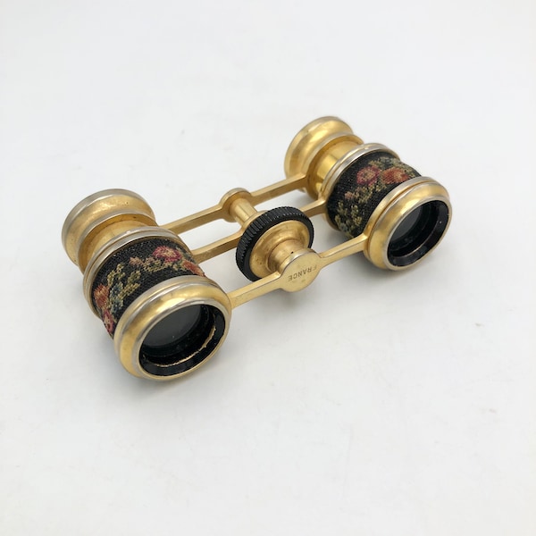 Vintage French Opera Glasses with Petit Point Embroidery - In Good Working Condition - Worn Gold Finish - Mini Binoculars