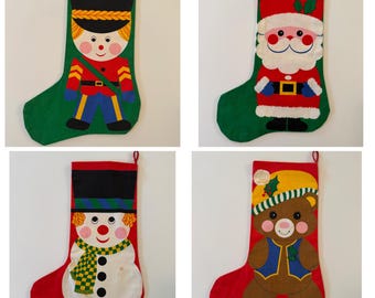 Choice of 1 Vintage Christmas Stocking - Santa Snowman Teddy Bear Toy Soldier Handmade Printed Fabric Retro Holiday Decor
