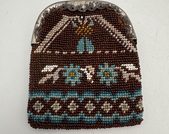 Monedero de cuentas estilo antiguo de 8,9 cm (3,5") con cuentas florales de color marrón turquesa y marco de metal (proyecto de restauración)