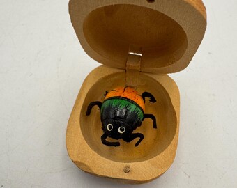 Vintage Wooden Wiggly Bug in a Box Made in India Miniature Surprise Beetle Novelty Toy Folk Art Collectible