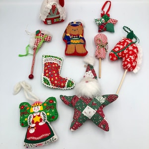 Vintage Set of 9 Christmas Ornaments - Cloth Fabric Patchwork - Homemade Handmade - Soft and Stuffed