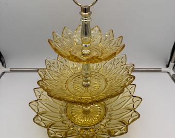 Vintage American Crystal 3 Tier Tidbit Tray Yellow Glass Gold Tone Handle Original Box Spencer Design