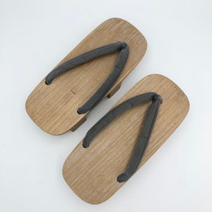 Vintage Traditional Japanese Aizu Kiri Geta Shoes Sandals Two Teeth Wooden Platforms with Gray Velvet Straps - Childrens Size?