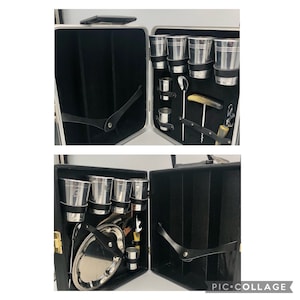 May include: A black faux leather travel bar set with silver cups, a bottle opener, a corkscrew, a jigger, and a cocktail shaker. The set is open and the contents are visible.