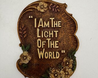 Placa de pared vintage con versículo bíblico "Yo soy la luz del mundo" Juan 8:12 Decoración religiosa floral