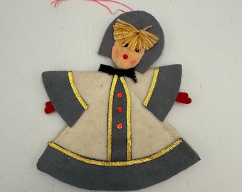 Vintage Handmade Felt Girl Christmas Ornament 6 Inch Gray White Gold Retro Holiday Folk Art Decoration