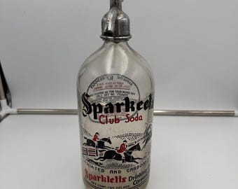 Botella de vidrio vintage Sparkeeta Club Soda Seltzer con sifón, publicidad de carreras de caballos, Sparkletts Los Ángeles, 11-1/2"