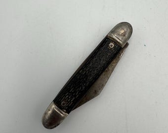 Coltello tascabile vintage da nonno / Coltello pieghevole a due lame / Coltello multiuso con manico nero / Decorazione rustica da fattoria / Oggetto da collezione primitivo