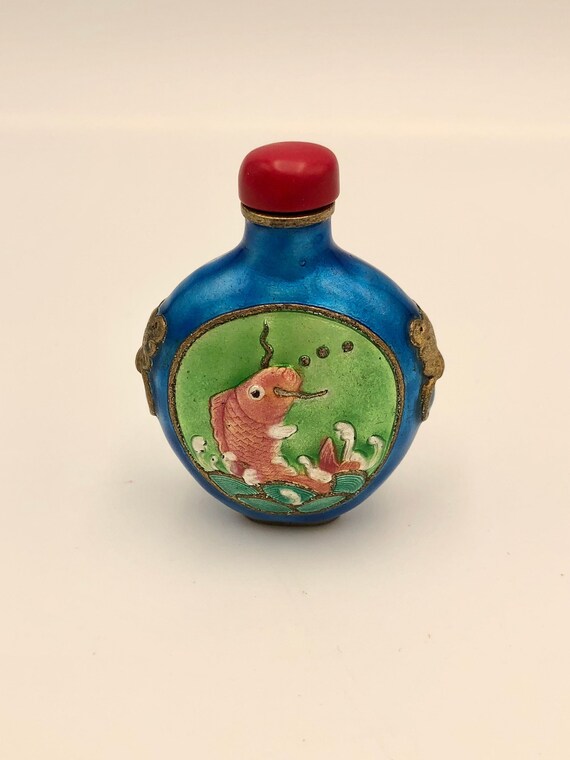 Vintage Asian Perfume Snuff Bottle Koi Fish Goldfish Enameled Brass Bright  Colors With Red Stopper 
