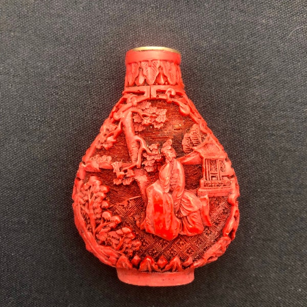 Vintage Asian Perfume Snuff Bottle Red Cinnabar Style Figural Relief Brass Rim