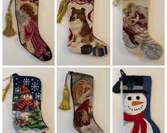 Choice of 1 Vintage Needlepoint Christmas Stocking - Angel Dog Snowman Victorian Lady Tassel Velvet Back